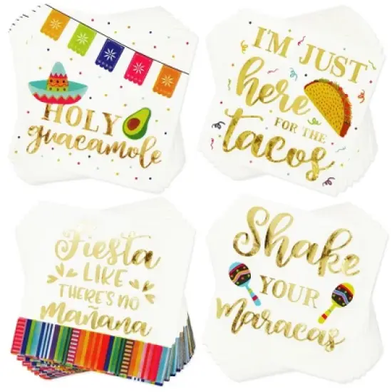 Blue Panda 100 Pack Gold Foil Napkins for Mexican Cinco de Mayo Decorations, 4 Designs, 5 x 5 inches image {9}