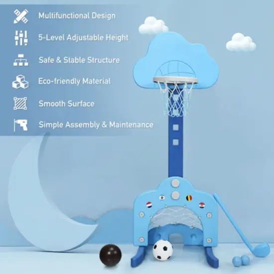 3-in-1 Kids Basketball Hoop Set Adjustable Sports Activity Center w/ Balls Blue\Green\White image {7}