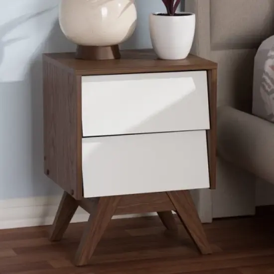 Hildon Mid - Century Modern Wood 2 - Drawer Storage Nightstand - White, "Walnut" Brown - Baxton Studio image {6}