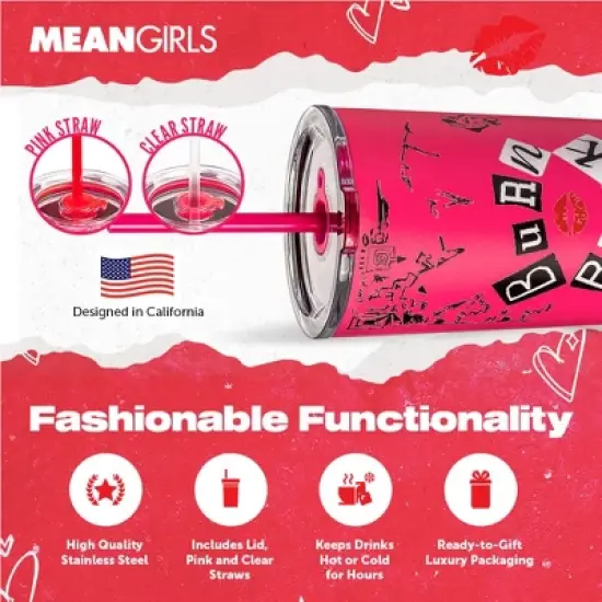 Mean Girls x Dragon Glassware 24 oz Vacuum Insulated Tumbler with Lid and Straws Burn Book image {2}