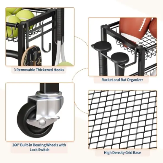 Sports Equipment Garage Organizer, Sports & Toy Storage Organizer for Garage, Outdoor Ball Storage with Baskets, Hooks & Rolling Cart, Ball Rack image {2}