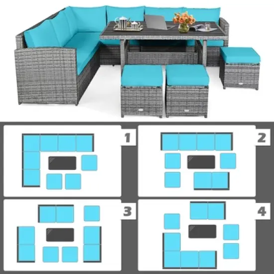 Tangkula 7PCS Rattan Patio Sectional Sofa Set Conversation Set w/ Turquoise Cushions image {4}