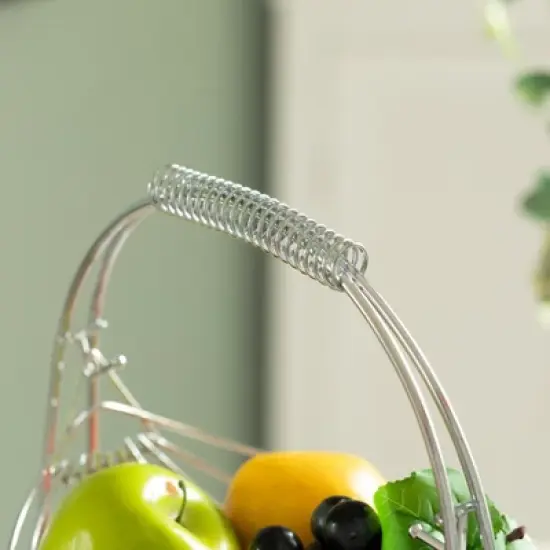 Basicwise 2 Tier Metal Fruit Holder Swing Basket for Kitchen | Detachable Countertop Vegetables Storage Organizer with Display Hammock Stand image {3}