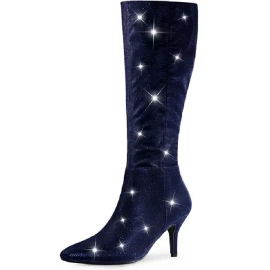 Allegra K Women's Pointy Toe Sparkle Glitter Stiletto Heel Knee High Boots image {10}