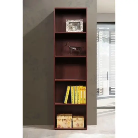 Hodedah Import 12 D x 16 W x 60 H Inch 5 Shelf Bookcase Storage Organizer Solution for Living Room, Bedroom, or Office, Mahogany Wood Finish image {1}