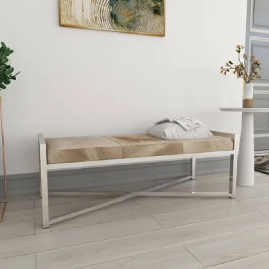 Contemporary Stainless Steel Rectangular Cowhide Bench - Olivia & May image {16}