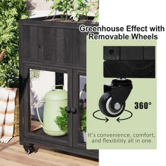 YOOCOZZ Patio 2 Doors Garden Greenhouse, Mini Wood Cold Frame with Wheels image {6}