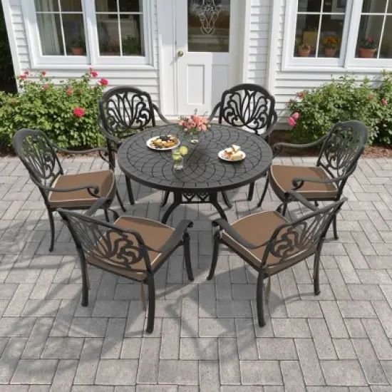 7-Piece Cast Aluminum Outdoor Dining Set with Brown Cushions, Round Table & Stackable Chairs - for Patio, Backyard image {10}
