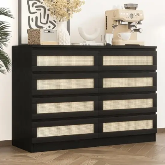 8 Drawer Double Dresser for Bedroom, Rattan Chest of Dressers, Modern Wooden Dresser Chest image {7}