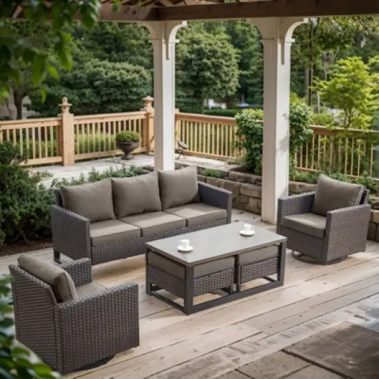 POCASSY 6 Pieces Patio Furniture Set, Steel Frame Brown Wicker Outdoor Furniture with 3-Seater Sofa Swivel Patio Chair Coffee Table and Ottoman image {14}