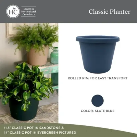 The HC Companies 14 Inch Round Classic Planter - Plastic Plant Pot for Indoor Outdoor Plants Flowers Herbs, Slate Blue image {2}
