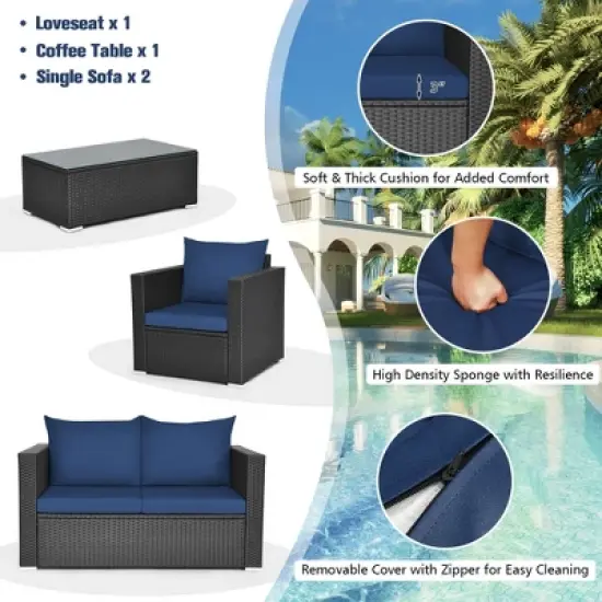 Costway 4PCS Patio Rattan Furniture Set Cushioned Sofa Loveseat with Navy & Turquoise Cover image {8}