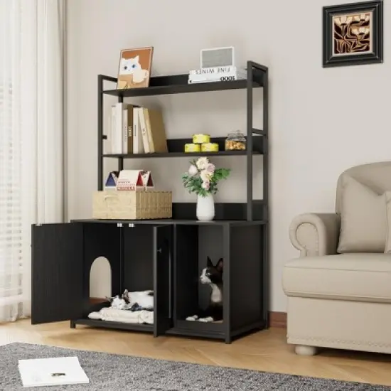 Litter Box Enclosure w/2 Storage Shelves Hidden Cat Litter Box Furniture w/Scratch Pad Indoor Cat House Kitty Box Washroom Cat Bookshelf Cabinet image {5}