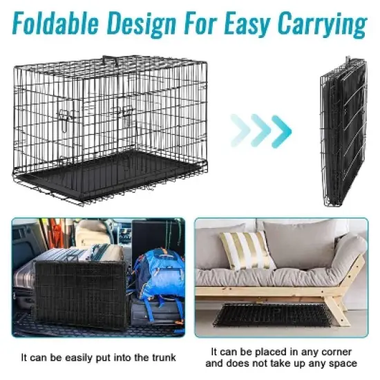 FDW Dog Crate for Small Dogs 24 Inch Folding Metal WirePet Cage Double Door W/Divider Panel Indoor Outdoor Kennel Leak-Proof Plastic Tray,Black image {3}