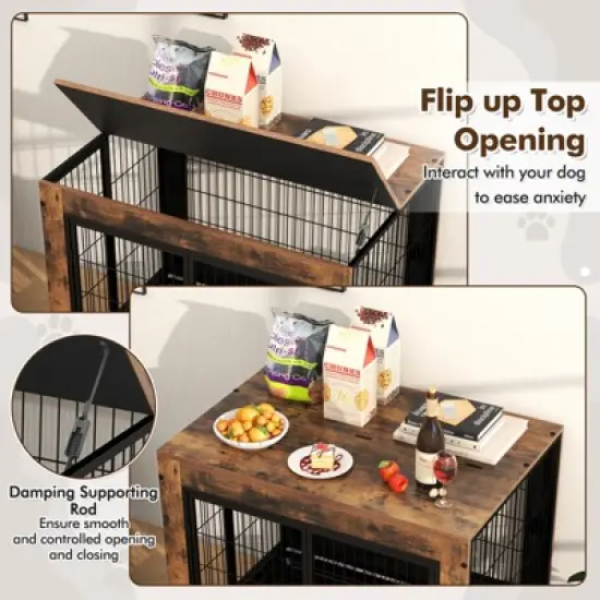 Costway 38&rdquo; Heavy-Duty Rolling Dog Kennel on Wheels w/ Chew-Resistant Indoor Pet Furniture Wood Dog House Rustic Brown image {6}