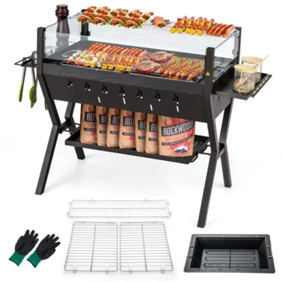 Tangkula Barbecue Charcoal Grills Stainless Steel Camping Grill w/ Wind Guard Seasoning Racks & Storage Shelf image {9}