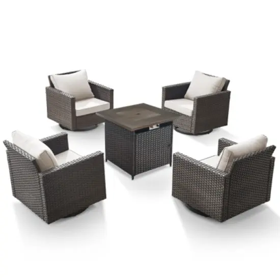 POCASSY 5 Pieces Outdoor Furniture Set with Fire Pit Table - All Weather Brown Wicker Swivel Patio Chairs Set of 4 with 30" Propane Firepit Table image {2}