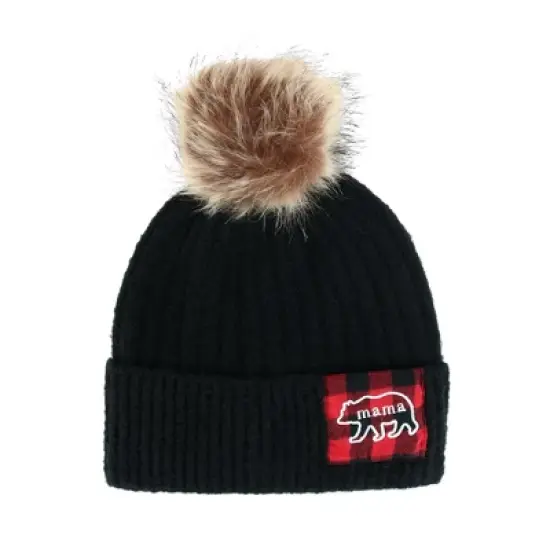David & Young Women's Mama Bear Beanie Hat with Plaid Patch and Pom image {1}