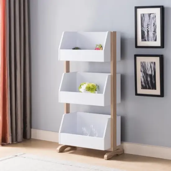 FC Design Two-Toned Bookcase with Three Shelves Wooden Display Storage Cabinet in White and Weathered White Finish image {2}