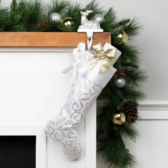 Northlight 19&rdquo; White and Silver Filigree Christmas Stocking with Bows image {1}