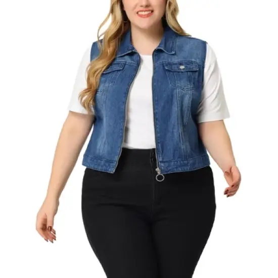 Agnes Orinda Women's Plus Size Trucker Zipper Front Sleeveless Denim Jacket Vests image {12}