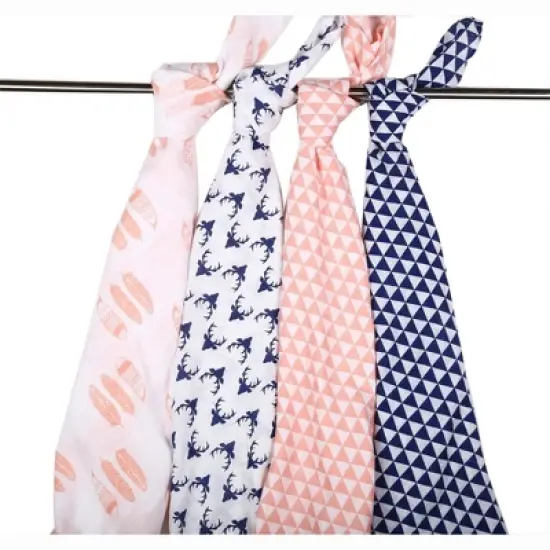 Bacati - Olivia Coral/Navy Muslin Buck/Feathers/Triangles Swaddling Blankets set of 4 image {2}