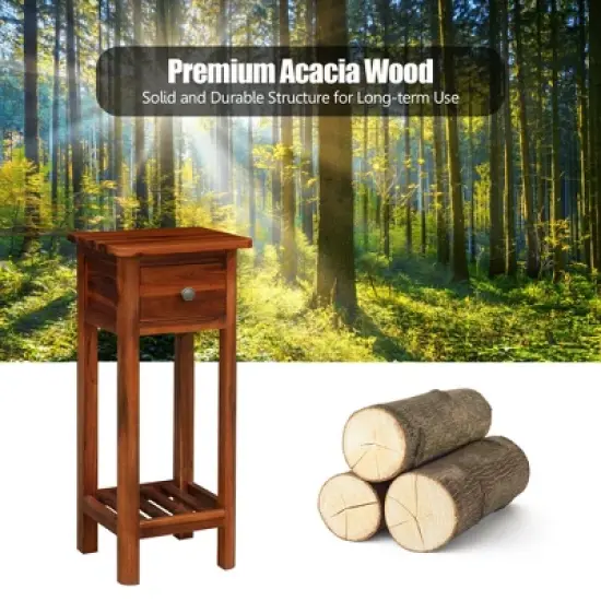 Costway 2PCS 2 Tier End Bedside Sofa Side Table with Drawer Shelf Acacia Wood Nightstand image {7}