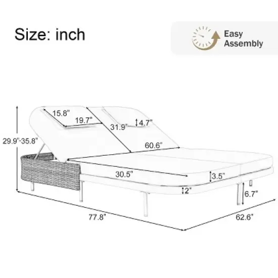 2-Person Outdoor Daybed, Patio Chaise Lounges with 5-Position Adjustable Backrest, Chaise Lounge with Iron Frame and Foam Cushions&ndash;Cuddlewood image {3}