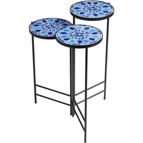 Teal Island Designs Modern Black Round Outdoor Accent Side Tables 10" Wide Set of 3 Blue Mosaic Tabletop for Front Porch Patio Home House image {6}