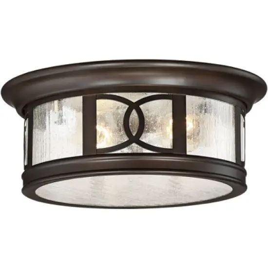 John Timberland Modern Flush Mount Outdoor Ceiling Light Fixture Mission Oil Rubbed Bronze Drum 12" Seedy Glass Damp Rated for Porch Patio image {8}