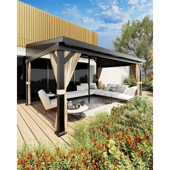 12'x16' Hardtop Gazebo with Netting & Curtains - Wall-Mounted Aluminum Pergola, Galvanized Steel Roof, Gutters - Weatherproof for Patio, Deck image {5}
