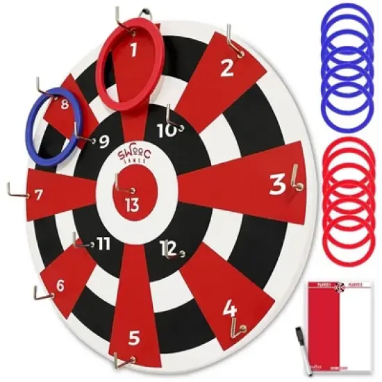 SWOOC Games ‒ Hook Darts Ring Toss Game ‒ Wood Board & Soft Rings ‒ 20+ Games Included For Kids & Adults ‒ Wall Mount Games ‒ Ring and Hook Game image {5}