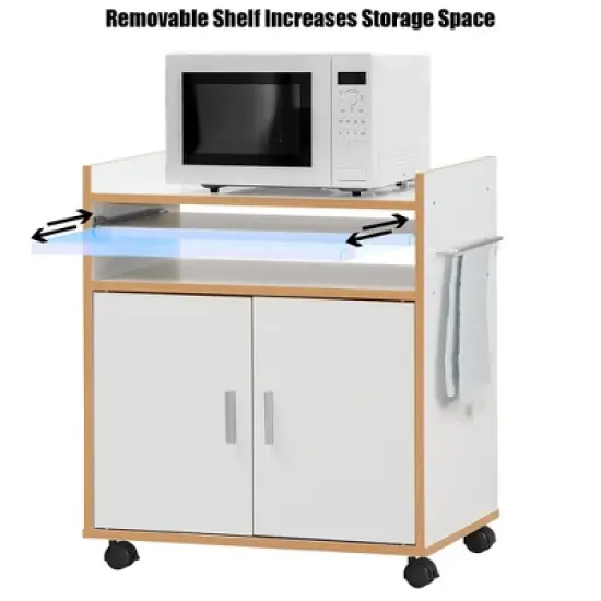 Costway Rolling Kitchen Trolley Microwave Cart Storage Cabinet W/ Removable Shelf White image {5}