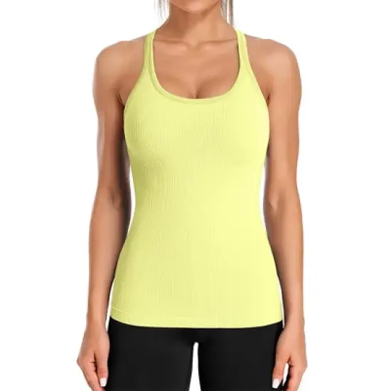 Attraco Women's Ribbed Workout Tank Tops with Built in Bra Tight Racerback Scoop Neck Athletic Top Yoga Tops image {9}