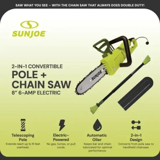 Sun Joe 8 Inch Electric Convertible Pole Chain Saw, 2-in-1 Lightweight Cutting Tree Trimming Tool with Telescoping Handle, 6 Amp Motor, Green, SWJ805E image {1}