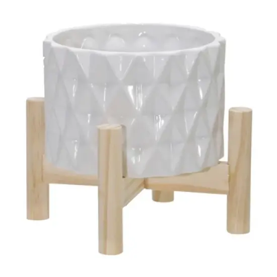 Sagebrook Home Diamond Round Ceramic Planter Pot with Wood Stand White image {3}