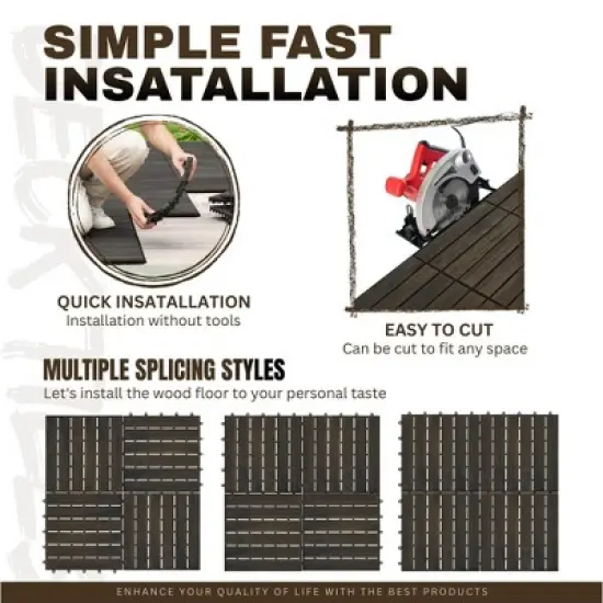 10 PCS Interlocking Deck Tiles Striped Pattern, 12" x 12" Square Yellow Acacia Hardwood Outdoor Flooring image {2}