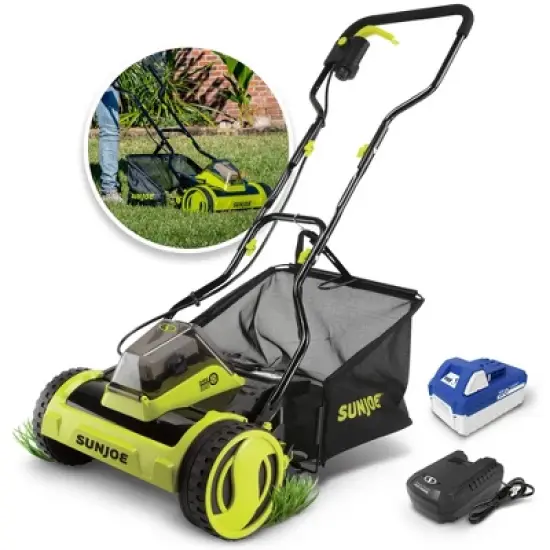 Sun Joe Cordless Push Reel Lawn Mower, 15&rdquo; Yard Trimmer w/ 11.9-Gal Bag, 24V, Black/Green - Heavy-Duty Gardening Machine and Equipment for Grass, image {5}