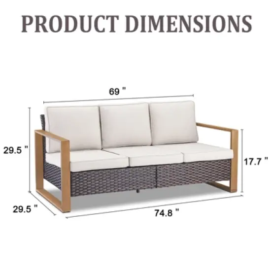 POCASSY 74.8" Outdoor 3-Seater Sofa with Meatl Armrest, Outdoor Furniture Sofa with Faux Wood Square Armrest and High Back for Porch Deck image {5}