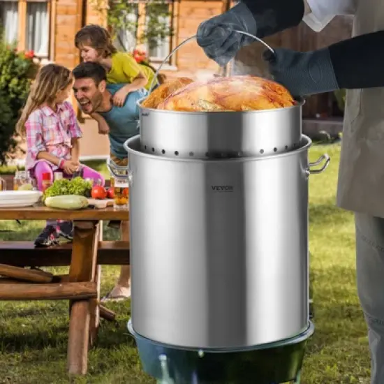 VEVOR Stainless Steel Stockpot, 64 Quart Large Cooking Pots, Cookware Sauce Pot with Basket, Lid, and Handle, Sanding Treatment, Silver image {1}