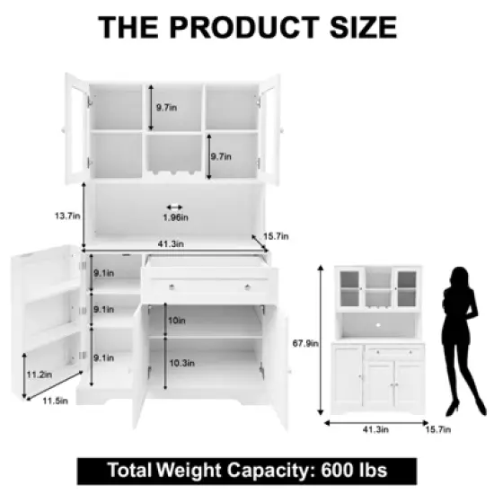 Kitchen Pantry Storage Cabinet, Modern Tall Buffet with Microwave Stand & Hutch,Freestanding Coffee Bar Cabinet with 14 Shelves and Drawer image {2}