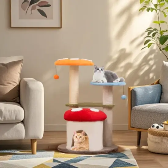 Tangkula Cute Mushroom Cat Tree 35" Tall Cat Tower w/ Sisal Scratching Posts Cat Condo image {2}