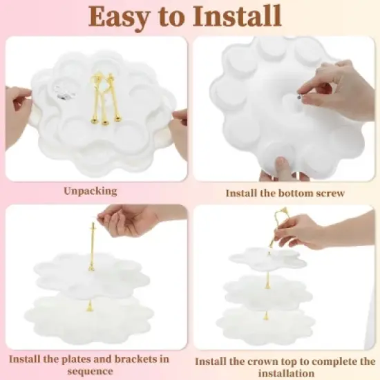 Unique Bargains 3-Layer Dessert Cupcake Stand Flower-shaped with Tiered Serving Tray for Pastries Donuts and Fruits White Glod Tone image {3}