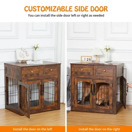 Dog crate furniture with cushions, indoor wooden dog kennel with 2 drawers, dog crate side table with storage for living room, foyer image {2}