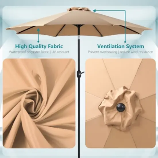 DOMETOUR 9 foot outdoor patio umbrella with button tilt and crank, Outdoor patio/market table umbrella UV protected and waterproof, khaki image {6}