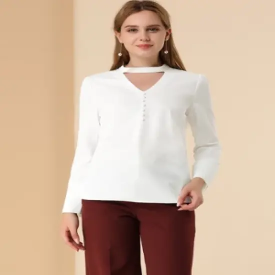 Allegra K Women's Keyhole Stand Collar Blouse Long Sleeve Button Front Work Blouses image {1}