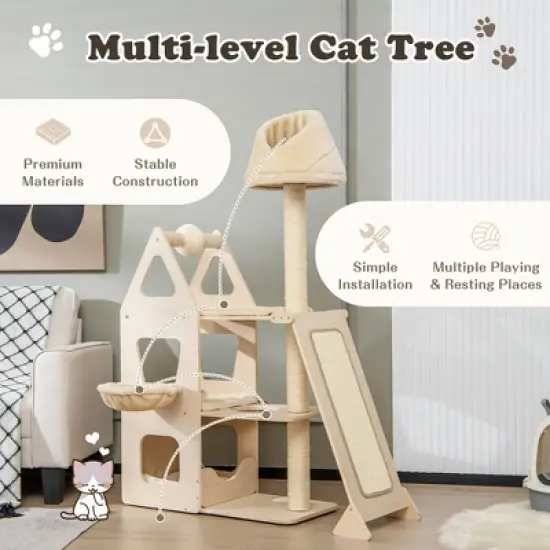 Tangkula 52" Tall Cat Tree w/ Scratching Post Ball & Board Plush Condo Padded Perch image {3}