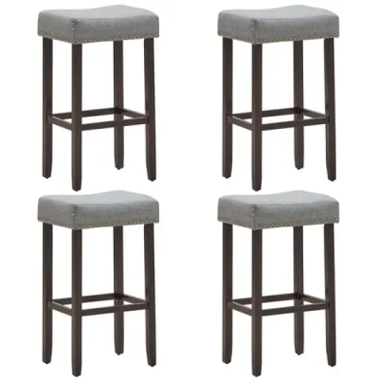 Costway Set of 4 Nailhead Saddle Bar Stools 29'' Height w/ Fabric Seat & Wood Legs Gray/Beige image {11}