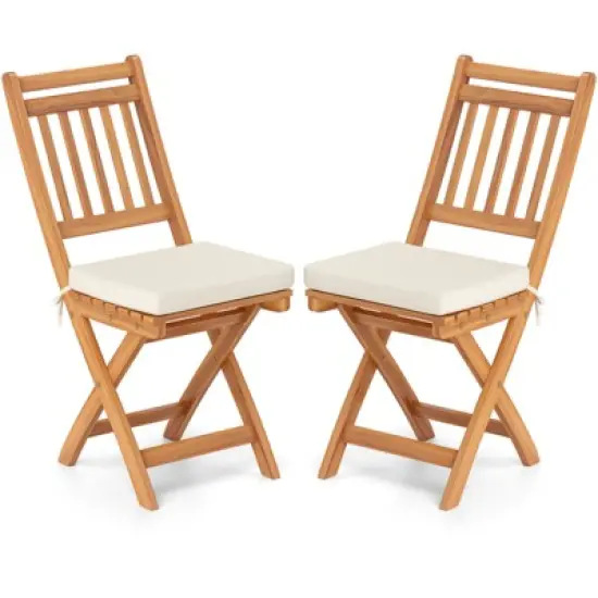 Tangkula Folding Patio Chairs Set of 2 w/ Slatted Backrests & Soft Seat Cushions image {6}