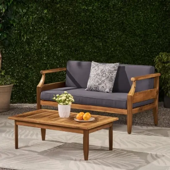 FIONECA Outdoor 4-Seater Chat Set with Cushions, Acacia Wood Loveseat, Coffee Table & 2 Club Chairs, Patio Conversation Set image {1}